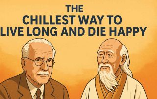 Digital illustration of Carl Jung and Lao Tzu against a warm orange background with the text “The Chillest Way to Live Long and Die Happy” in bold above them.